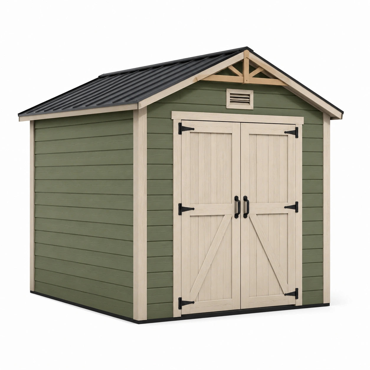 Abri de jardin en bois composite avec toit en acier galvanisé vert et beige