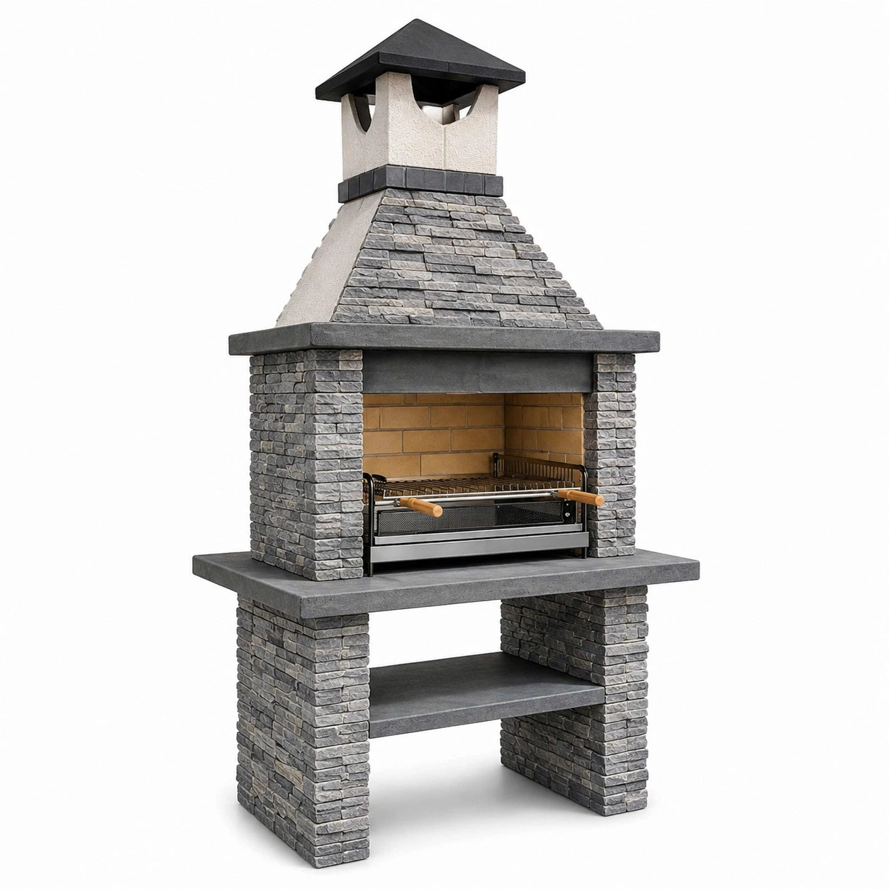 Barbecue en pierre avec cheminée et grille en acier inoxydable