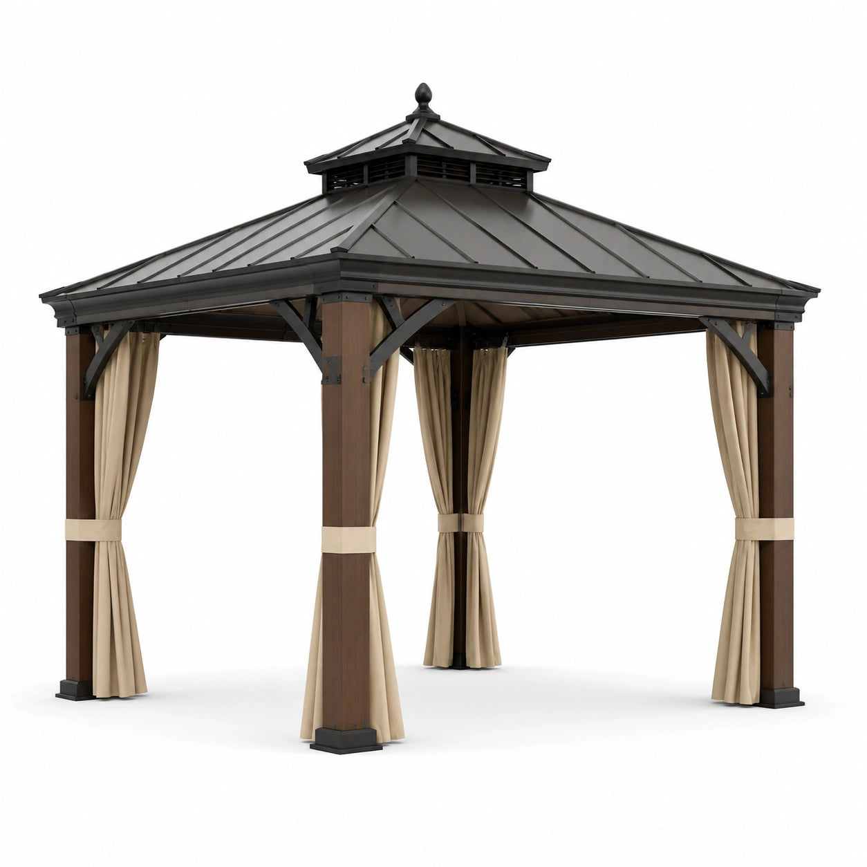 Pavillon de jardin en aluminium et métal avec rideaux polyester marron et beige