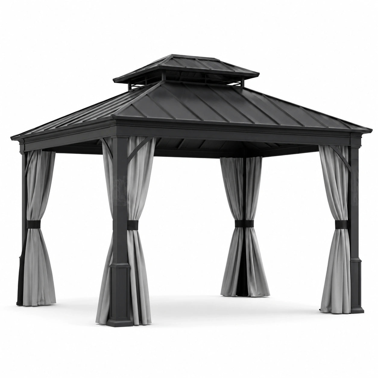 Pavillon en métal avec toit en acier et rideaux en polyester gris 3x3m