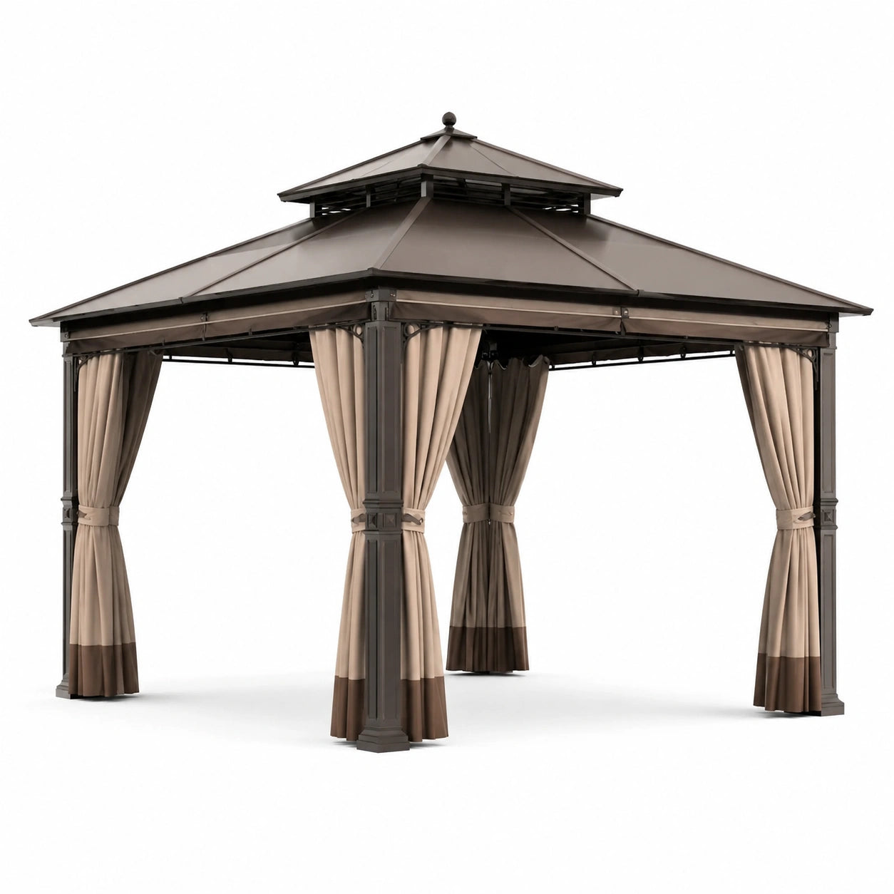 Tonnelle de jardin en aluminium avec toit en acier et rideaux beige et marron