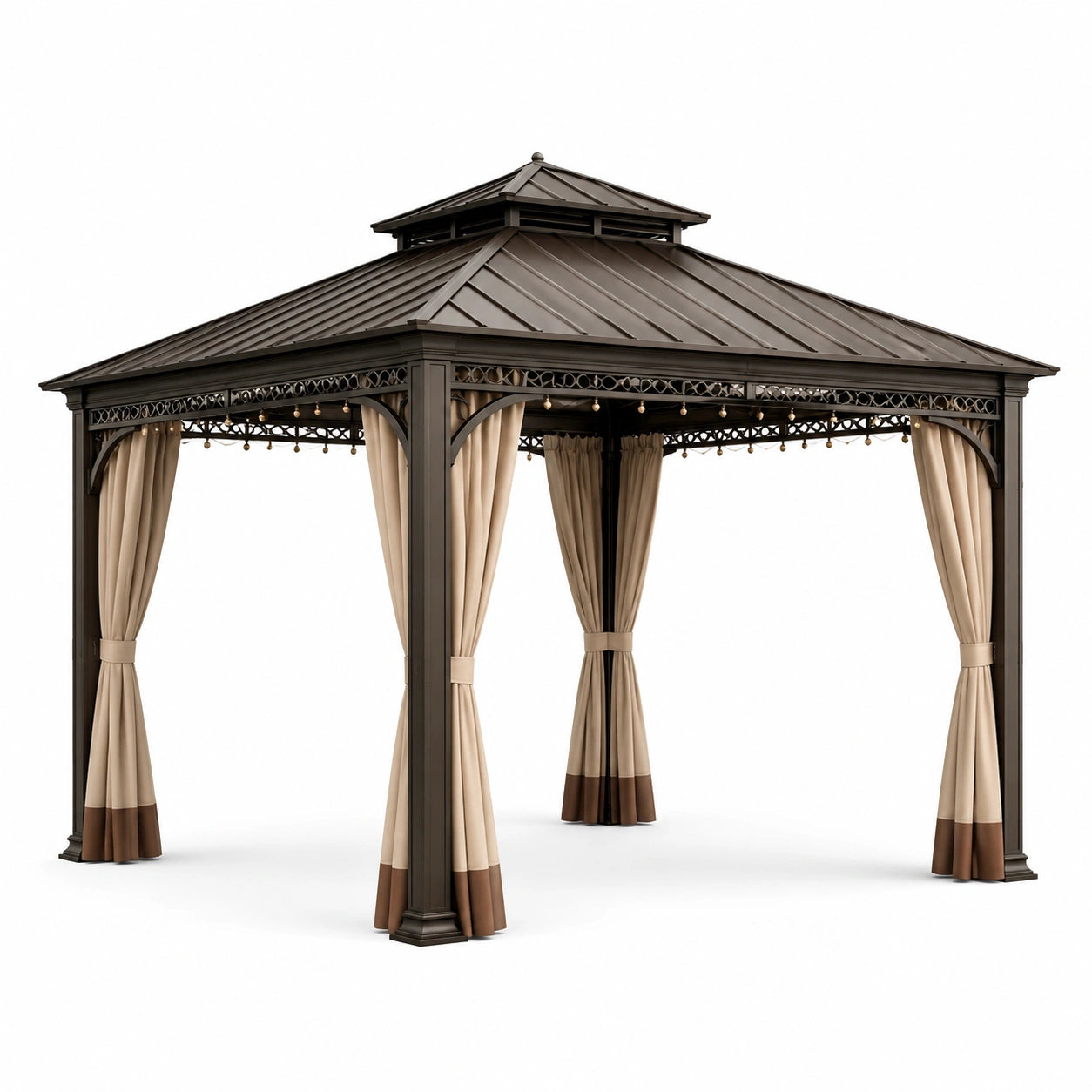Pavillon en acier avec toit en métal et rideaux en polyester marron/beige 300x400 cm