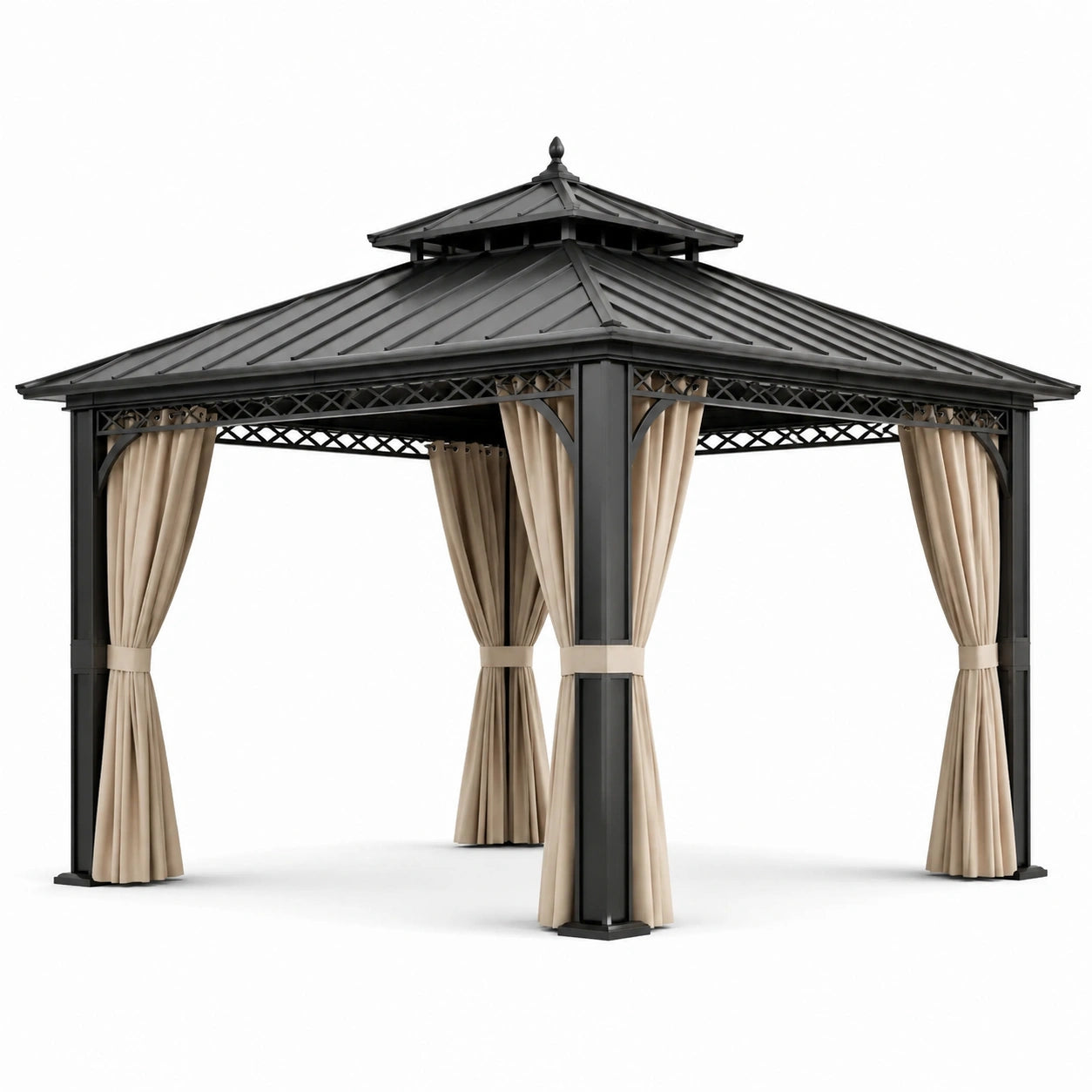 Tonnelle avec toit en métal et rideaux en tissu, 300x400 cm, noir et beige
