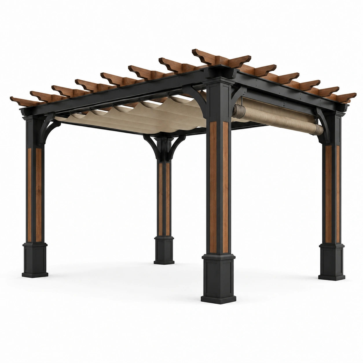 Pergola en métal et bois avec toit rétractable 300x300x250 cm beige/noir